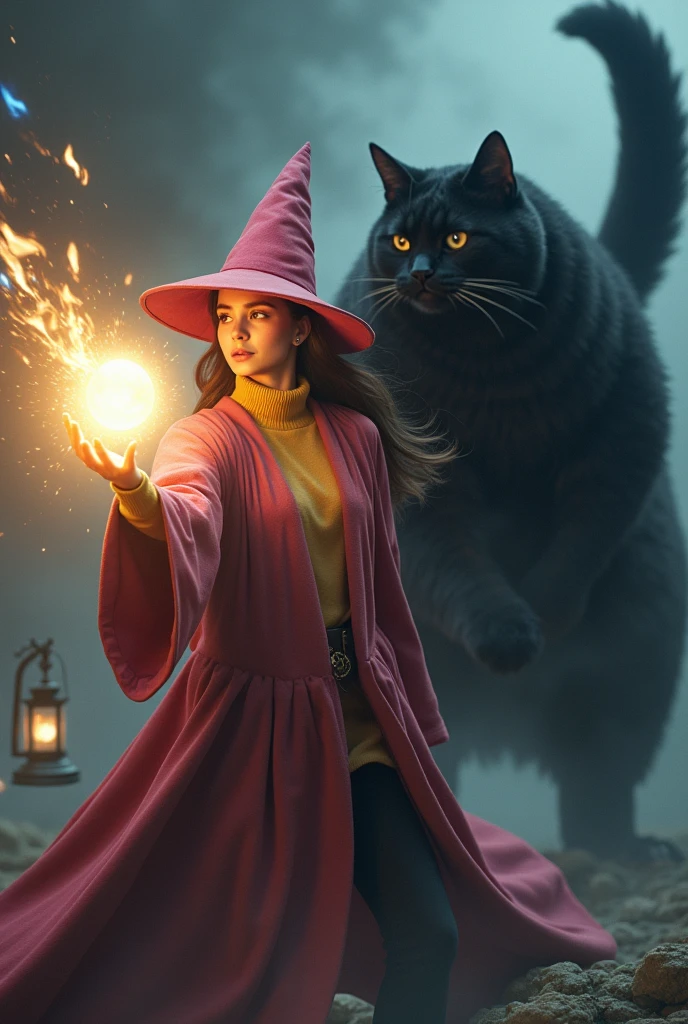 (photorealism:1.2), A five-picture composition of young girl wizard (20years old) with rich pink pointy hat and wizard outfit and creamy-yellow turtleneck, Direct the golden  emanating light crystal ball towards the attacking enemy,  protectively by massive giant black cat behind . who has a tail with a hanging black lantern on  the tip of its tail, the lantern is blue fire.
. realistic action scene.  The scene is filled with dynamic energy. dramatic action. dramatic scene. dramatic duel pose. dramatic background. dim light. cloudy time. 
Create realistic images, High resolution photo/ ((masterpiece)),((best quality)),8k, high detailed, ultra-detailed, Stylish Pose, real skin texture. The photo is crisp and clear, likely captured with professional-grade equipment. 