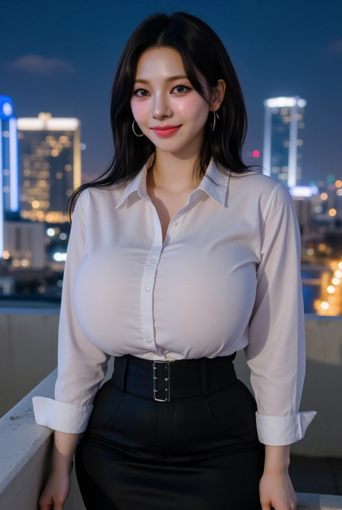 (masterpiece,  top quality: 1.2), Alone,(((Low-angle shot))), (wet white shirt ), short black skirt, black hair, short haired , Hair a little longer than my shoulders, blushes,Office Girl,( Rooftop of a building with a nice view),night,  big boobs, huge boobs , smart nose,(Look to the right), Beautiful Lighting ,shy expression, shy face,smile around the mouth ,Smiles cheeky,Paparazzi,photoshoot pose,sexy pose,
