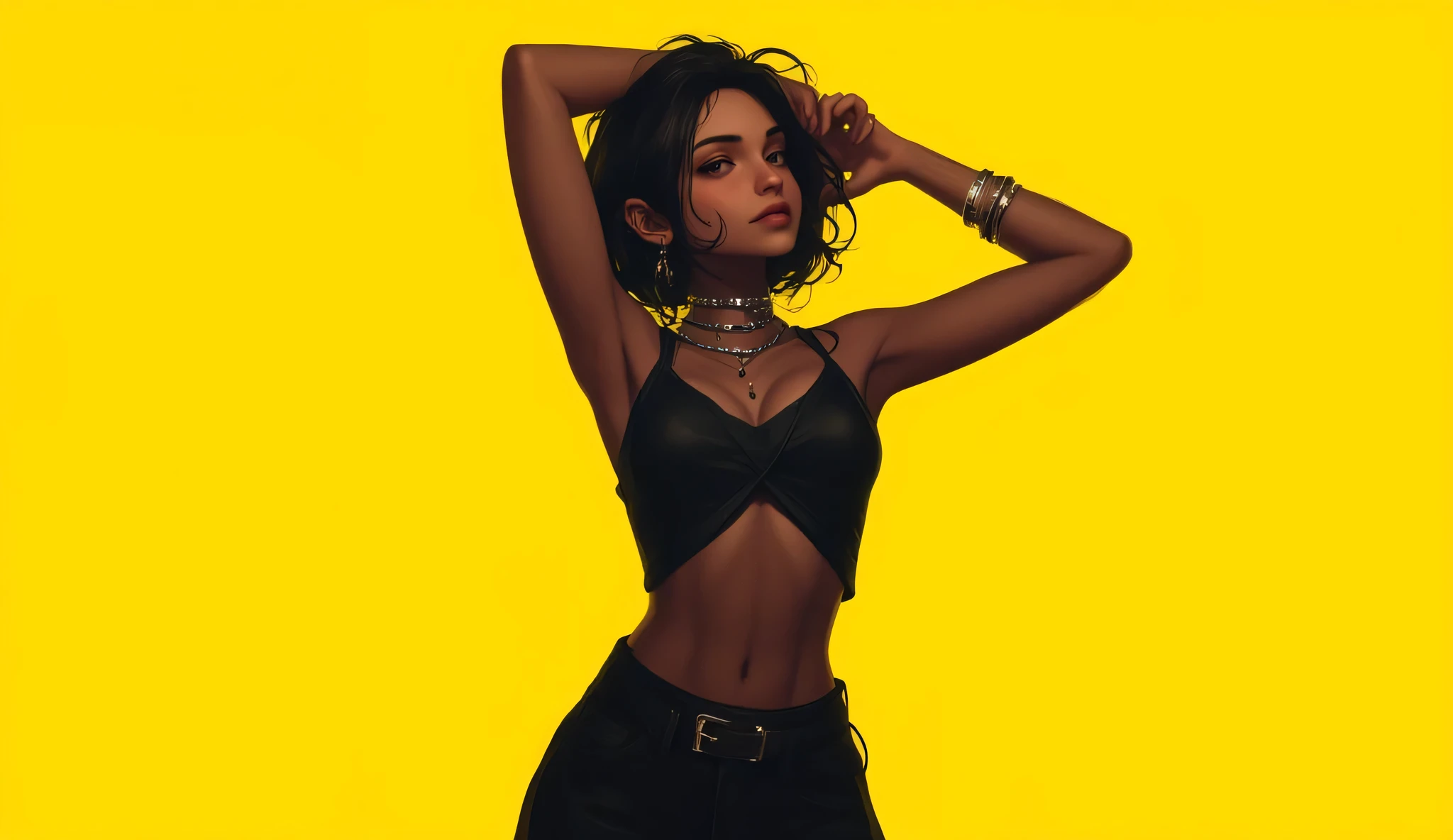 1girl,ebony skin,dark_skinned, solo, looking at viewer, short hair, hair_intakes, black hair, holding, cleavage, bare shoulders, jewelry, standing,viewed_from_below, earrings, choker, belt, pants, necklace, collar, bracelet, piercing, ear piercing,showing_armpits ,arm_above_head,  studded bracelet,yellow_background,dark_skin_female,dark_skin,cowboy shot,wide hips,thighs