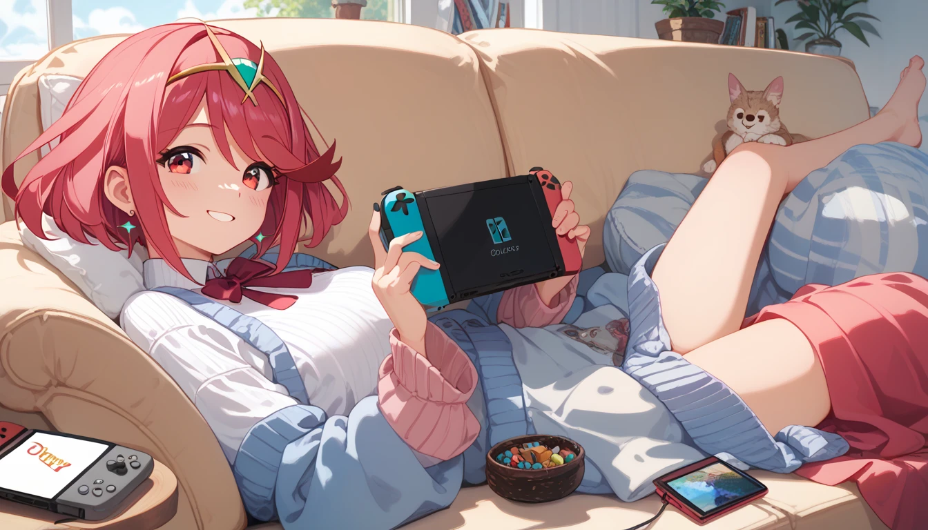 masterpiece, maximum quality, 4k, detailed, lying on sofa, lying on back, long sweater, long skirt, pyra, happy, playing nintendo switch, smiling, 