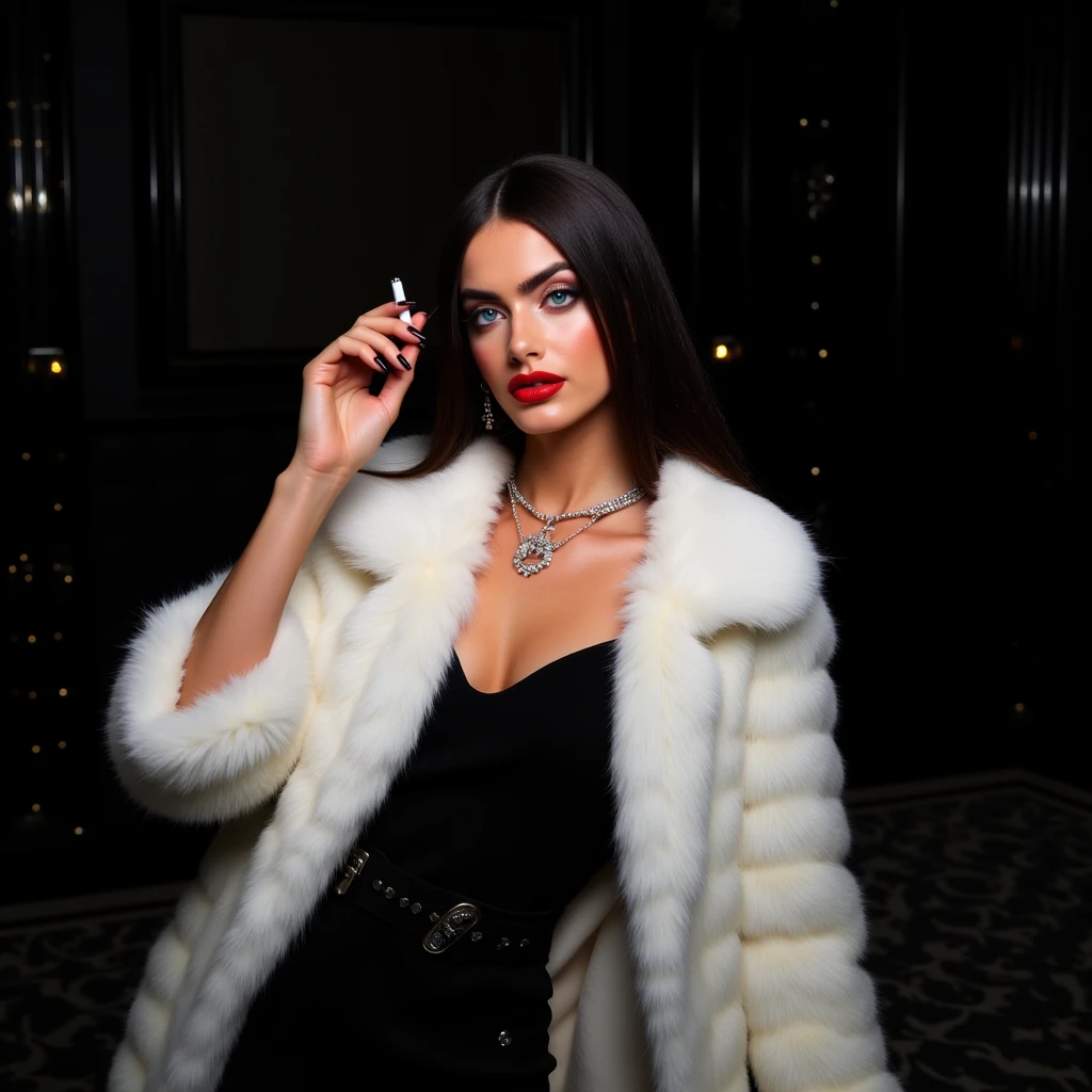 Beautiful 20 year old Russian girl,  full and reddish lips ,  porcelain skin,  long straight jet black hair ,  and a black dress and a white faux fur coat , Diamond Jewelry, A white Russian alpaca fur coat.., intense blue eyes,  seductive, Red lips,  long black hair, holding a cigarette Smoking like a gangster , realism, photorealistic , bright light,  transparent.  In a luxurious dark room that looks like black decorations ..,