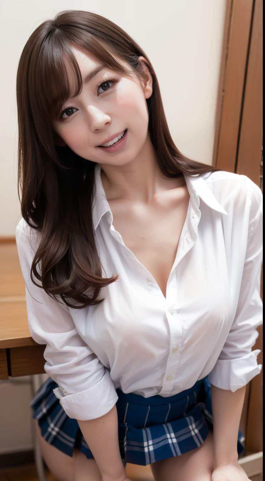 (High school girl:1.3),  long hair,  Laughter, ((Feminine charm, Pervert girl)), (Cleavage between breasts:0.8), (Uniform of white shirt and check mini skirt), (Cute pose), Full body photo,