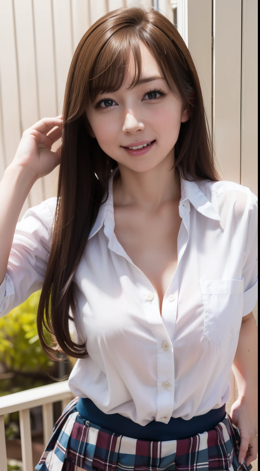 (High school girl:1.3),  long hair,  Laughter, ((Feminine charm, Pervert girl)), (Cleavage between breasts:0.8), (Uniform of white shirt and check mini skirt), Cute pose, Full body photo,