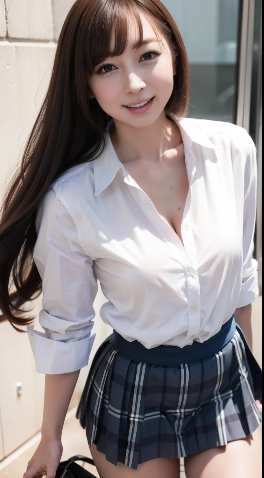 (High school girl:1.3),  long hair,  Laughter, ((Feminine charm, Pervert girl)), (Cleavage between breasts:0.8), (Uniform of white shirt and check mini skirt), Full body photo,