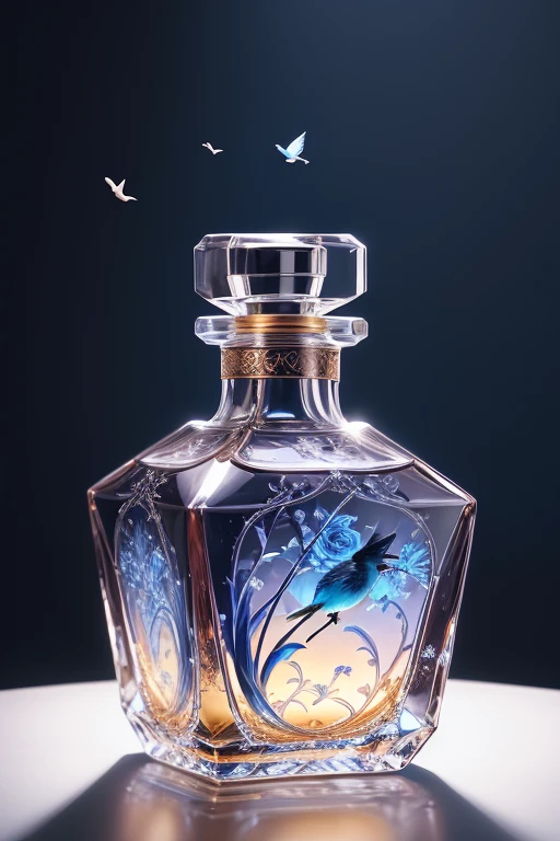 Bottle Design   、  luxury square Riedel perfume bottle decorated with beautiful roses and birds、　 美しいバラと鳥で飾られた、 blue background 　 Golden lighting 、  super detailed photo     、   Photographed by a Professional Photographer   、Excellent lighting、  masterpiece