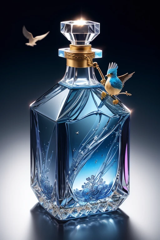 Bottle Design   、  luxury square Riedel perfume bottle decorated with beautiful roses and birds、　 美しいバラと鳥で飾られた、 blue background 　 Golden lighting 、  super detailed photo     、   Photographed by a Professional Photographer   、Excellent lighting、  masterpiece