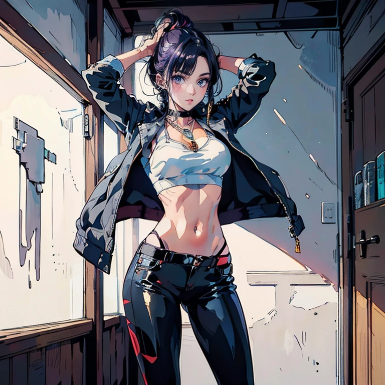 (Hinata Hyuga, muito sensual, com roupas apertadas, bunda grande, pernas grossas, Wearing extremely tight jeans, usando uma mini blusa, umbigo com pirsing, cabelo grande, Speaker behind, muito realista, extremamente sexy, 8k, 8k extremamente detalhado), (um extremamente delicado e bonito), (obra-prima), (melhor qualidade: 1.0), (ultra highres:1.0)