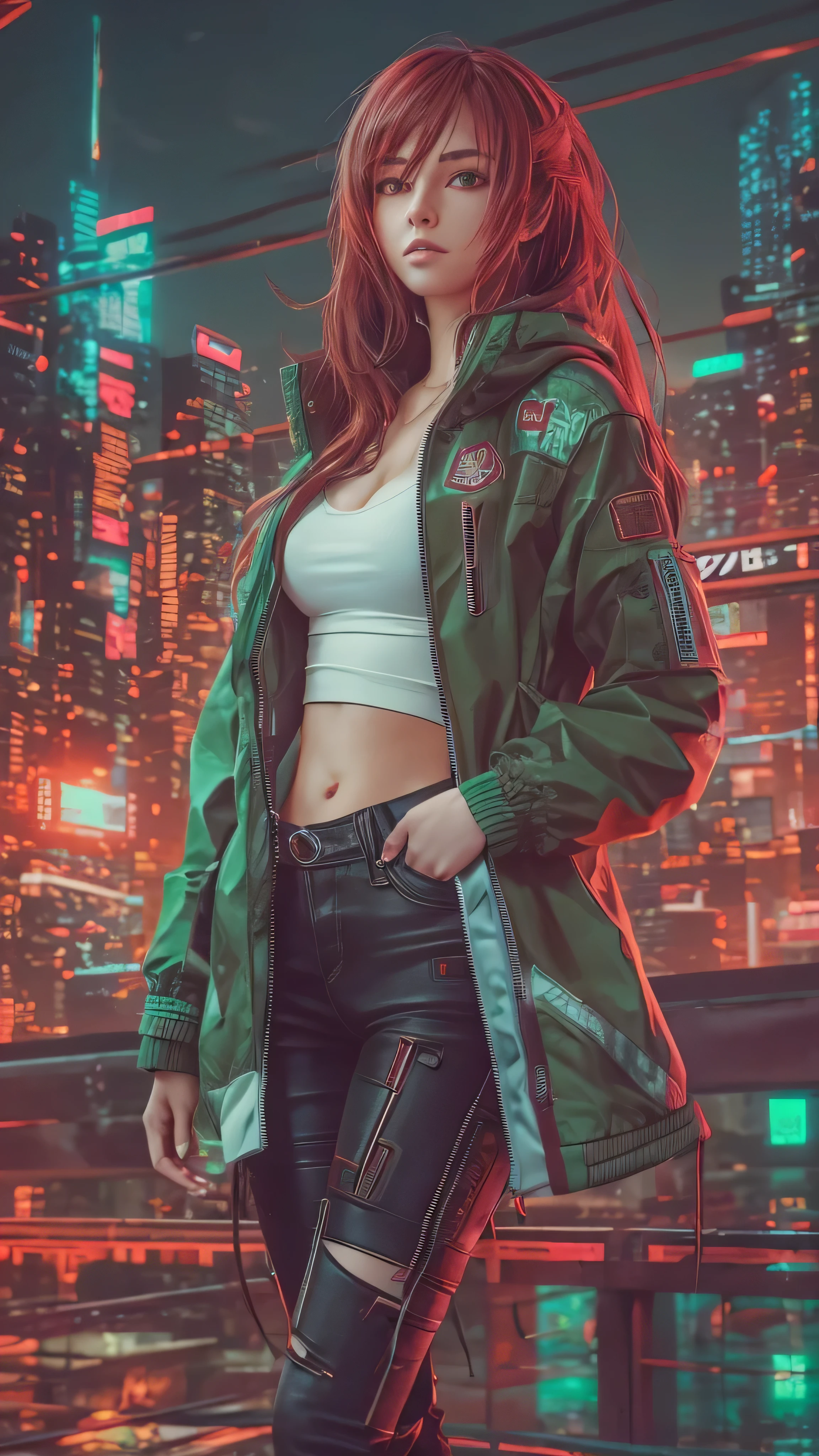  full body high definition image ， pretty girl, Worn casual jacket,long chestnut hair,  cyberpunk night scene machine arm, cyberpunk cityscape red green background 