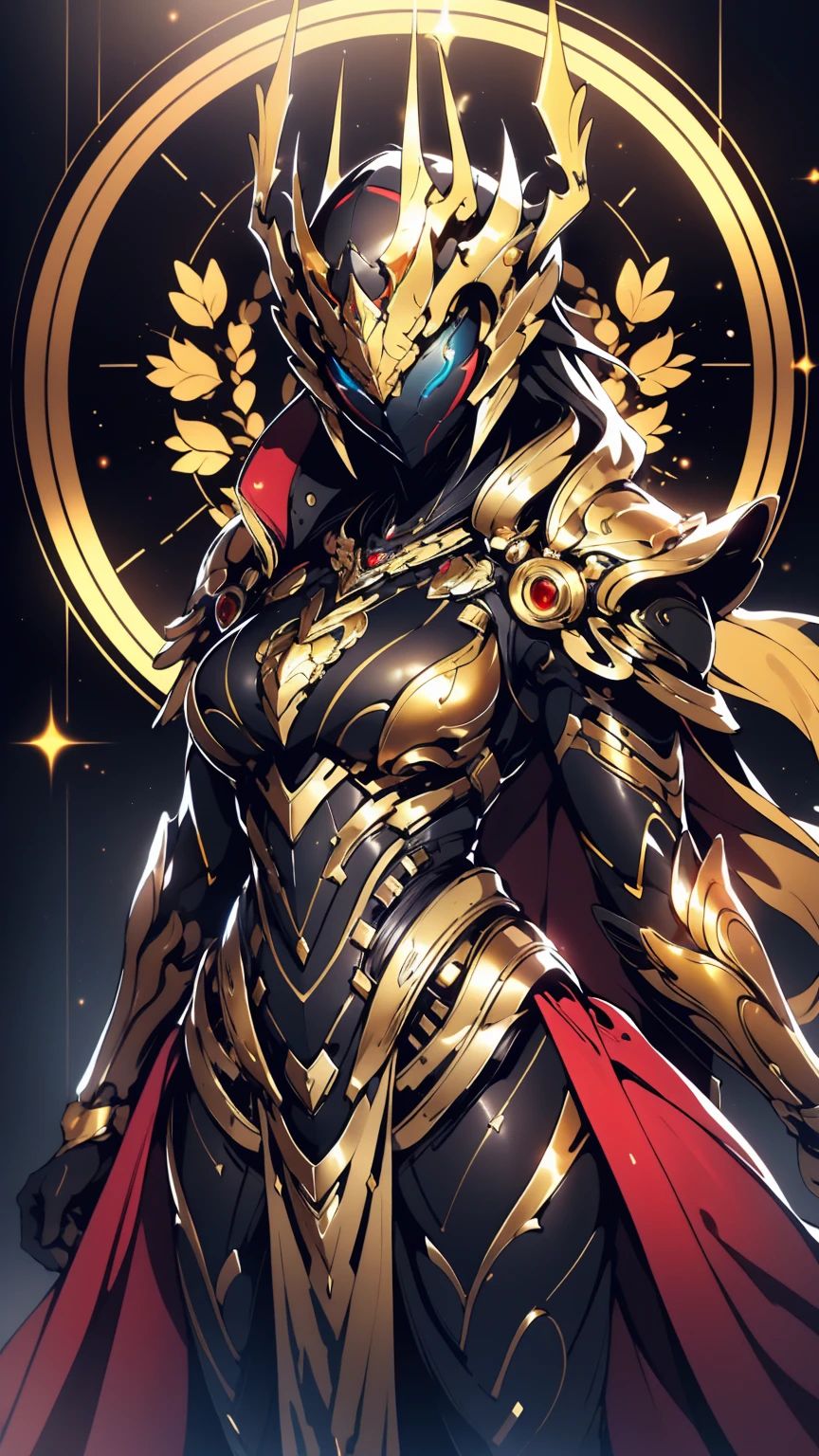 A woman adorned in fantasy-style full-body armor, a crown-concept fully enclosed helmet that unveils only her eyes, a composite layered chest plate, fully encompassing shoulder and hand guards, a lightweight waist armor, form-fitting shin guards, the overall design is heavy-duty yet flexible, (the armor gleams with a golden glow, complemented by red and blue accents), exhibiting a noble aura, she floats above a fantasy-surreal high-tech city, this character embodies a finely crafted fantasy-surreal style armored hero in anime style, exquisite and mature manga art style, (mixture of Queen bee and Spider concept Armor, plasma), ((Element, elegant, goddess, femminine:1.5)), metallic, high definition, best quality, highres, ultra-detailed, ultra-fine painting, extremely delicate, professional, anatomically correct, symmetrical face, extremely detailed eyes and face, high quality eyes, creativity, RAW photo, UHD, 32k, Natural light, cinematic lighting, masterpiece-anatomy-perfect, masterpiece:1.5