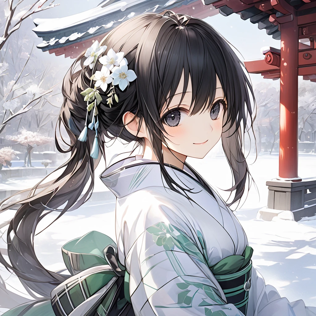 ( 1 girl), Green \(Neptunia )\, black hair, black eyes,(smile:1.5)、blush、(low ponytail:1.5), (long sidelocks:1.5), ,( small tits:1.5),(white floral yukata :1.5),( brown plaid scarf:1.5),gloves,snow,Shrine promenade、front、whole body、( perfect anatomy ),( best quality), ( ultra hi-res), (超 high definition ), ( Highly Detailed CG), (32K), (masterpiece)、eyesHD