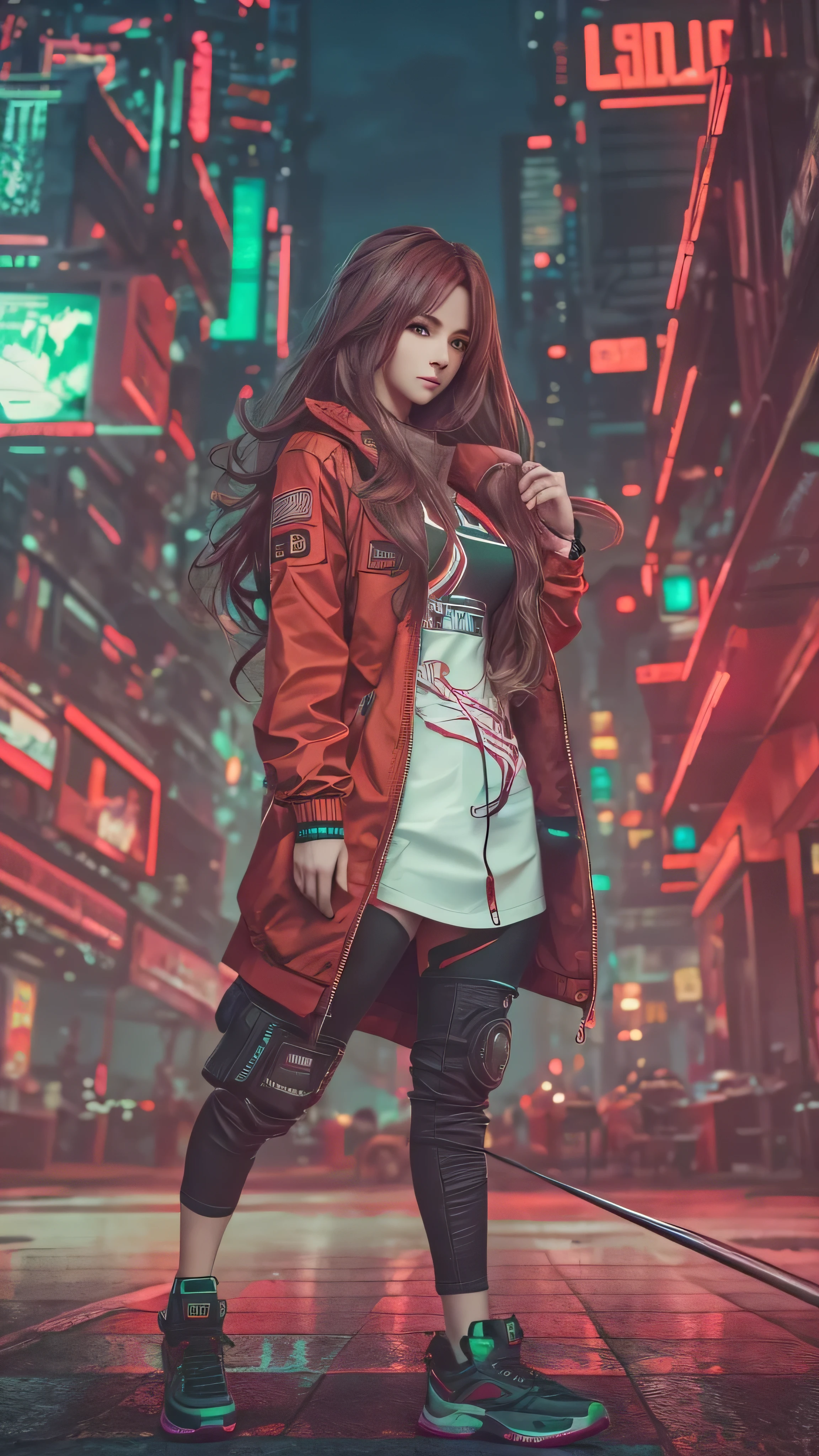  full body high definition image ， pretty girl, Worn casual jacket,long chestnut hair,  cyberpunk night scene machine arm, cyberpunk cityscape red green background 