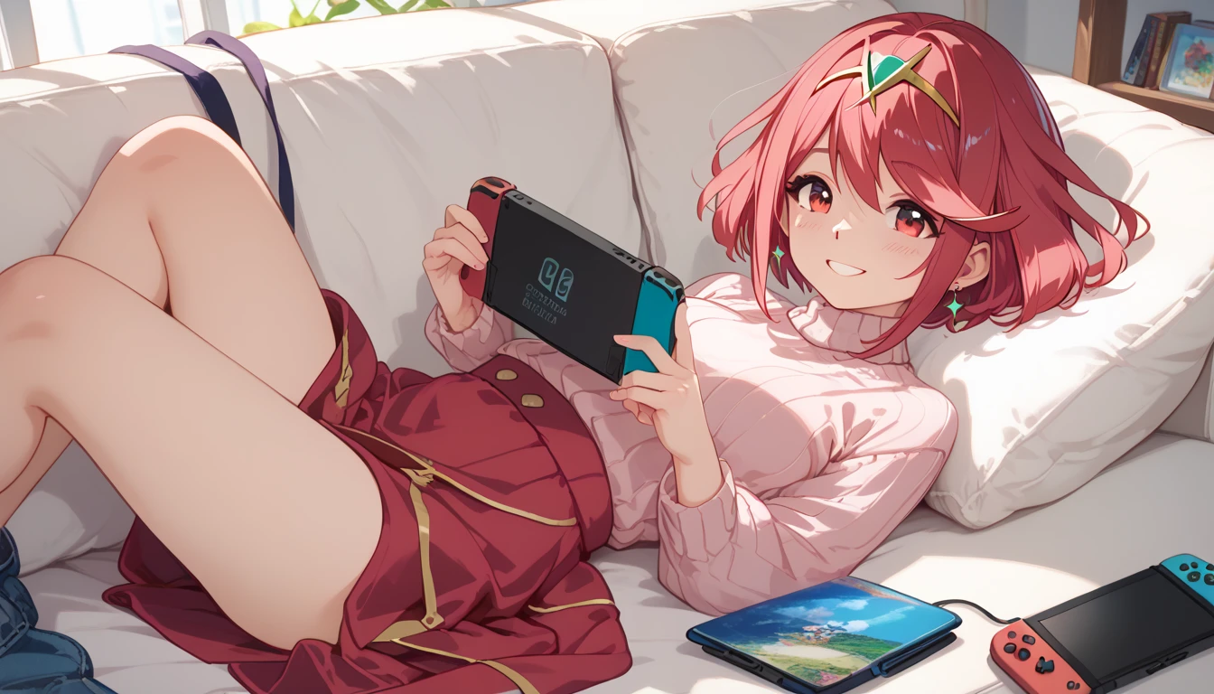 masterpiece, maximum quality, 4k, detailed, lying on sofa, lying on back, long sweater, long skirt, pyra, happy, playing nintendo switch, smiling, 