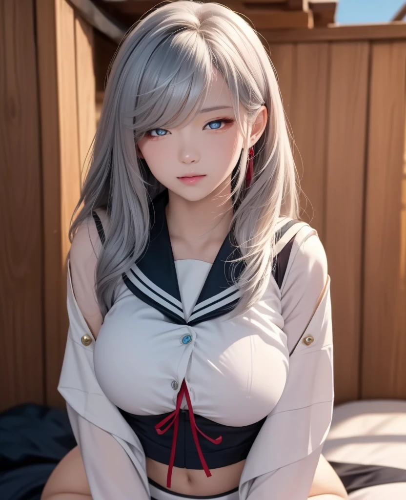 (top-quality:1,2)、​masterpiece、超A high resolution、(Photorealsitic:1.4)、((Raw foto:1.3))、1 girl in、(((white  hair:1.5)))、full body Esbian、large full breasts、((Erotic Poses:1.2))、(((Erotic look:1.4)))、gargantilha、二重まぶた、((Loose and fluffy perm:1.4))、((semi long hair:1.2)),a miniskirt、JK Ribbon、((Skinny Wear:1.5))++、kindly smile、((cat ears of the same color as the hair on the head,:1.4))、((Super Cute:1.2))、(((pleatedskirt:1.5)))++, ((Glossy lips:1.2)),Natural makeup,((校服:1.5)), ((Emphasis on the buttocks and breasts:1.5))++, (top-quality、​masterpiece)、1girl in、intricate detailes、hight resolution, elegent, ((realisitic)), (Perfect anatomical depiction of the human body),  girl is dressed as a schoolg Japan、  Girls are Japan with blue eyes and long hair skin and bangs turn white、Japanese, (big breasts thin waist)、(thighs thin)、(((a baby face)))+n ribbon ties)). (((Neat white blouse with smooth thin fabric)))+、(The breasts of the blouse are very cramped)、(no-bra)、(Dense areola)、(Blouse crushes the chest and spreads to the sides)、( (Micro Mini Pleated Skirt、With tartan check))、((No skin exposed on upper body))、(Neat clothes with all buttons fastened)、(The hem of the blouse is tucked inside the skirt),  (Beautiful big blue eyes), (Thin and clear double eyelid lines for the eyes),  (photos realistic),((Skinny blouse))、((The human))、Beautiful legs、((Sexy body))+、Ruffles at the hem of the skirt、The back and stomach are hidden、