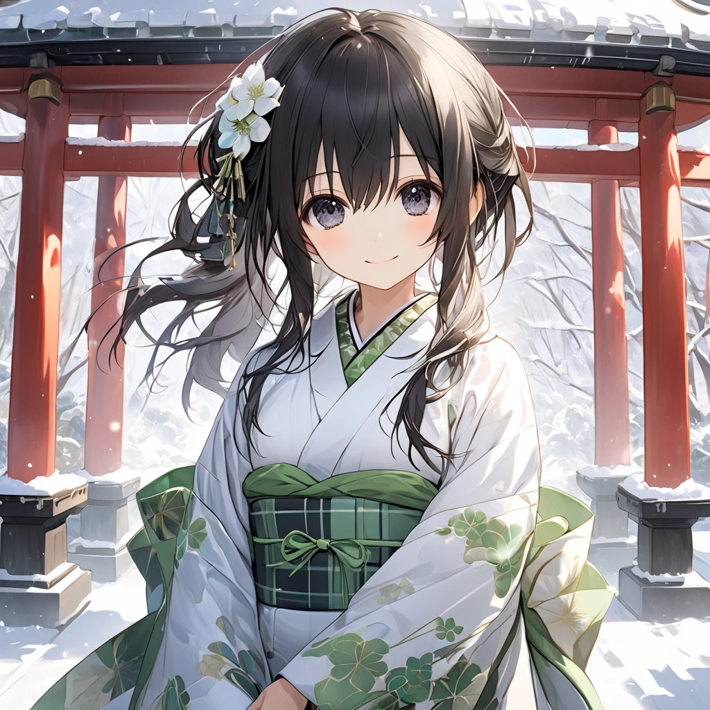 ( 1 girl), Green \(Neptunia )\, black hair, black eyes,(smile:1.5)、blush、(low ponytail:1.5), (long sidelocks:1.5), ,( small tits:1.5),(white floral yukata :1.5),( brown plaid scarf:1.5),gloves,snow,Shrine promenade、front、whole body:1.5、( perfect anatomy ),( best quality), ( ultra hi-res), (超 high definition ), ( Highly Detailed CG), (32K), (masterpiece)、eyesHD