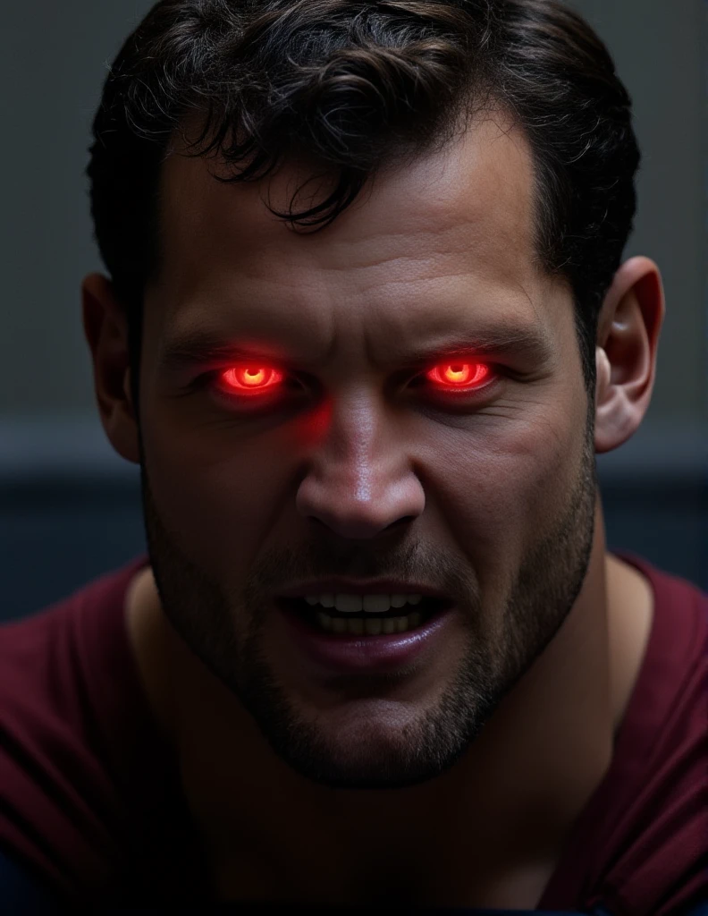 Nick Bosa, detailed photorealism style, superman staring at viewers in anger, glowing red eyes, Extremely high-resolution details, photographic, realism pushed to extreme, fine texture, incredibly lifelike, photo of  herny cavill, 