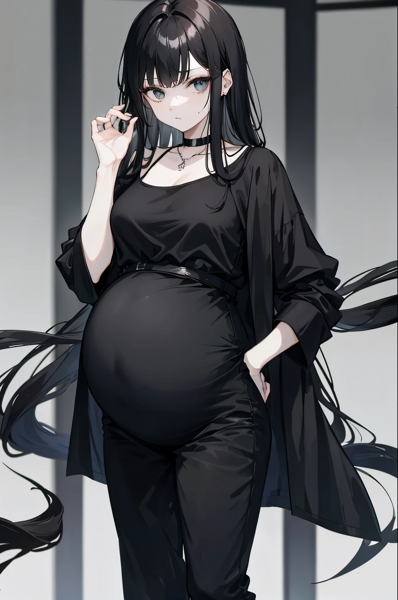 skinny pregnant woman, uncomfortable with her belly too heavy for her weak, frail body