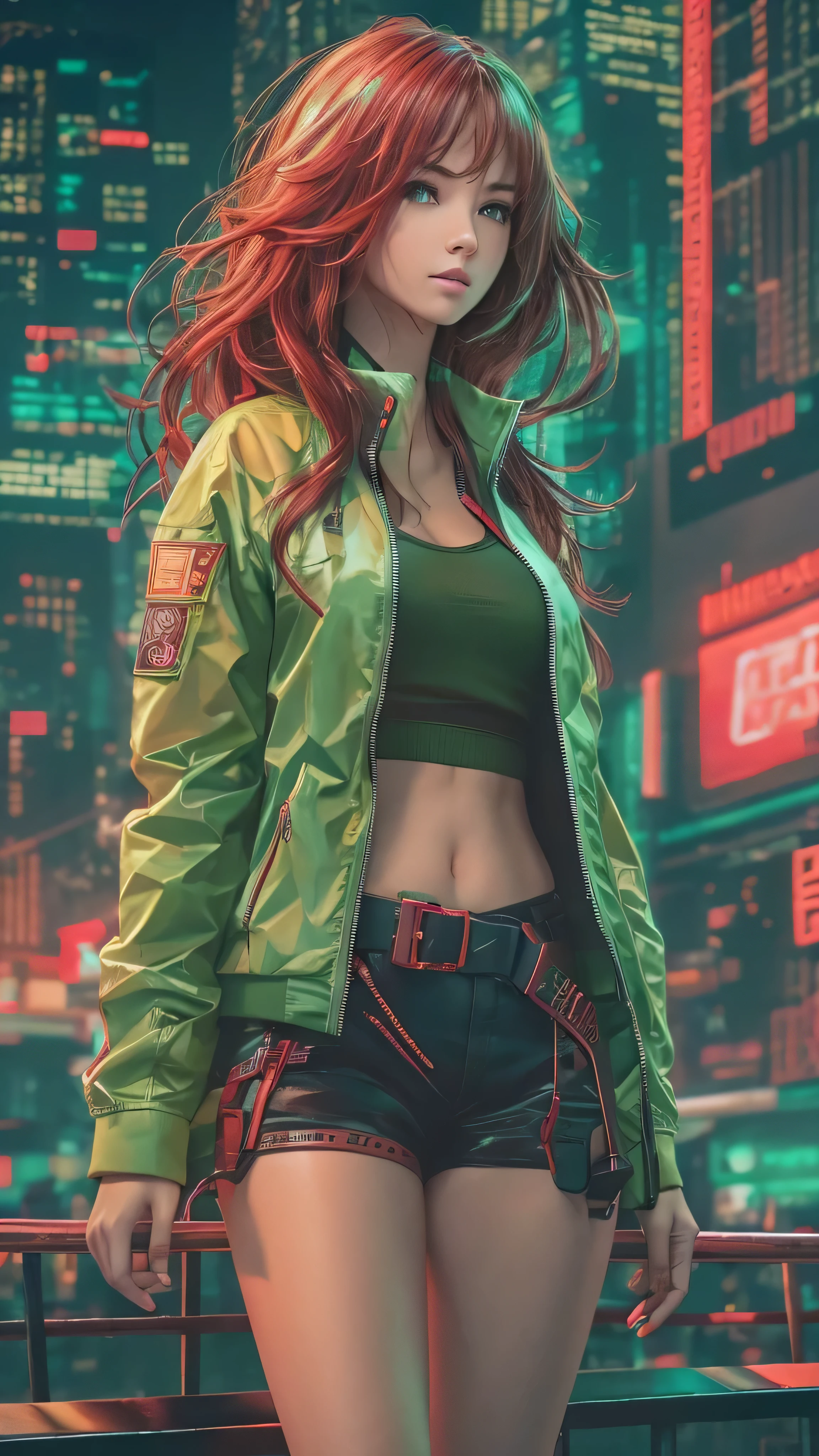  full body high definition image ， pretty girl, Worn casual jacket,long chestnut hair,  cyberpunk night scene machine arm, cyberpunk cityscape red green background 