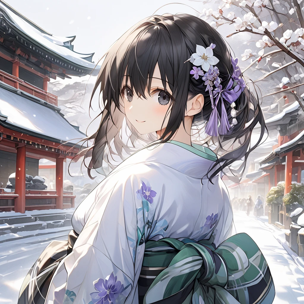 ( 1 girl), Green \(Neptunia )\, black hair, black eyes,(smile:1.5)、blush、(low ponytail:1.5), (long sidelocks:1.5), ,( small tits:1.5),(white floral yukata :1.5),( brown plaid scarf:1.5),gloves,snow,Shrine promenade、front、(whole body:1.5)、( perfect anatomy ),( best quality), ( ultra hi-res), (超 high definition ), ( Highly Detailed CG), (32K), (masterpiece)、eyesHD