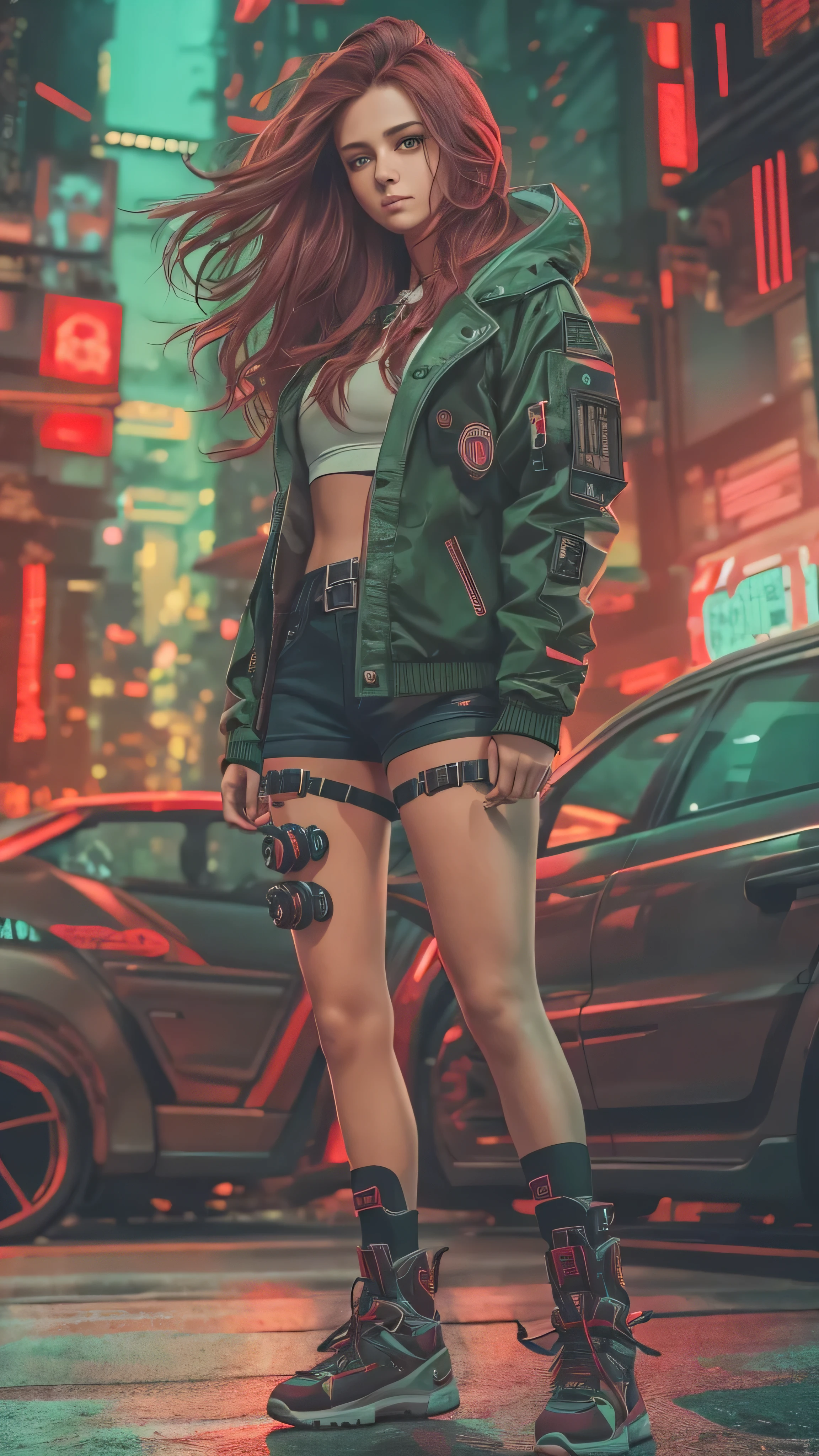  full body high definition image ， pretty girl, Worn casual jacket,long chestnut hair,  cyberpunk night scene machine arm, cyberpunk cityscape red green background 