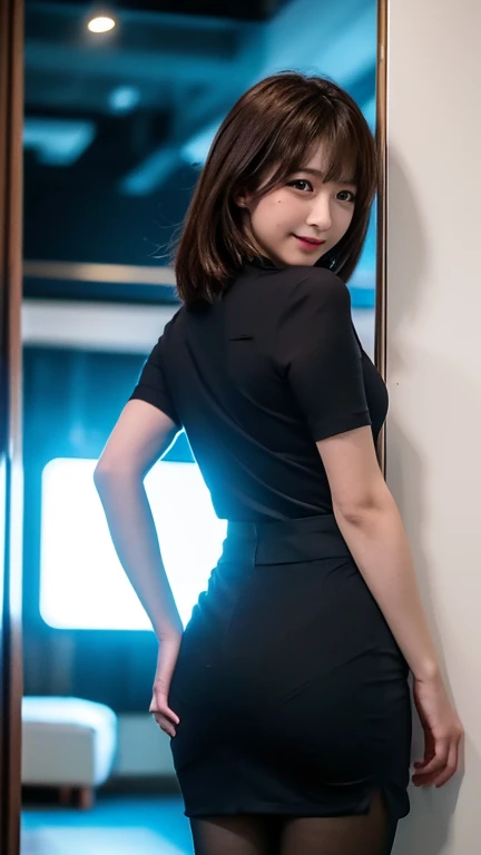 (8k,  top quality ,  RAW Photo Star Piece : 1.2),  very detailed,  top quality ,  super high res,   professional writing in the school building ,  photon mapping, radiocity, Physically based rendering,  movie lighting,  written border depth , I focus, 1 Woman ,24 years old、 (  full body shot  ), ((Office Lady Uniform、ミニ skirt、 pantyhose))((suit、 skirt、 pantyhose))(( pantyhose))( watching the audience:1.3)  very slim,  medium breasts, (((  pulls clothes  , Dress Tag, wind, wind lift:1.12)))、((return)), ((  strong from the back of his ship  ))(Shrapnel), cute,  white skin、 watching the audience, A faint smile,Alone,  stunning smile , Wide opening,   professional writing in the school building , Sony A7R4, Zesse 50mm f1.8,  medium breasts, Thin, Beautiful Eyes ,  highlight your butt in a dark room at a luxury hotel 