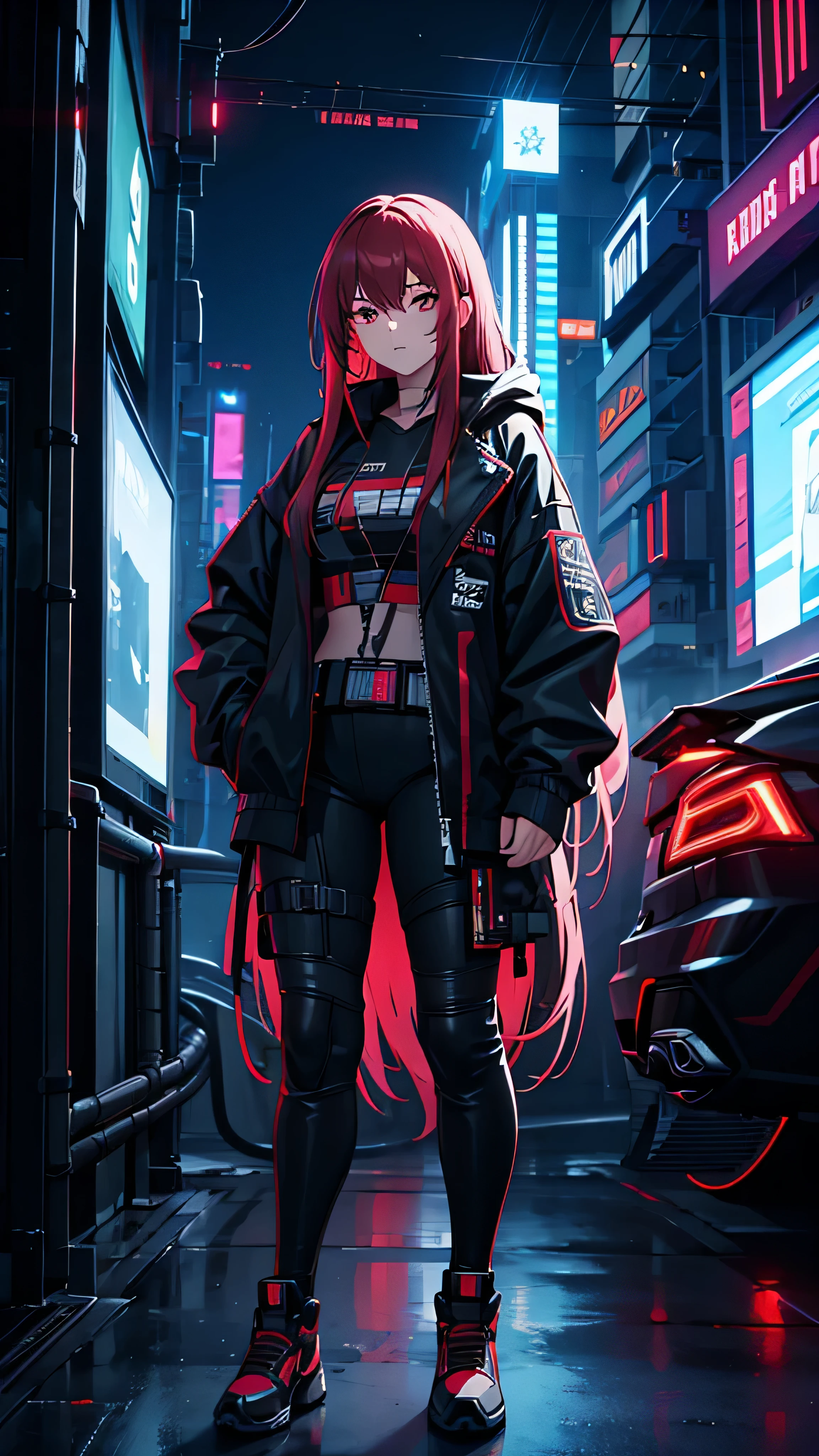  full body high definition image ， pretty girl, Worn casual jacket,  long hair,  cyberpunk night scene machine arm, cyberpunk cityscape red green background 