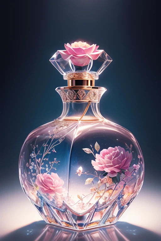 Bottle Design   、  Turkish style luxury square baccarat crystal perfume bottle decorated with beautiful roses and birds、　 Decorated with beautiful peonies and plants、 blue background 　 Golden lighting 、  super detailed photo     、   Photographed by a Professional Photographer   、Excellent lighting、  masterpiece