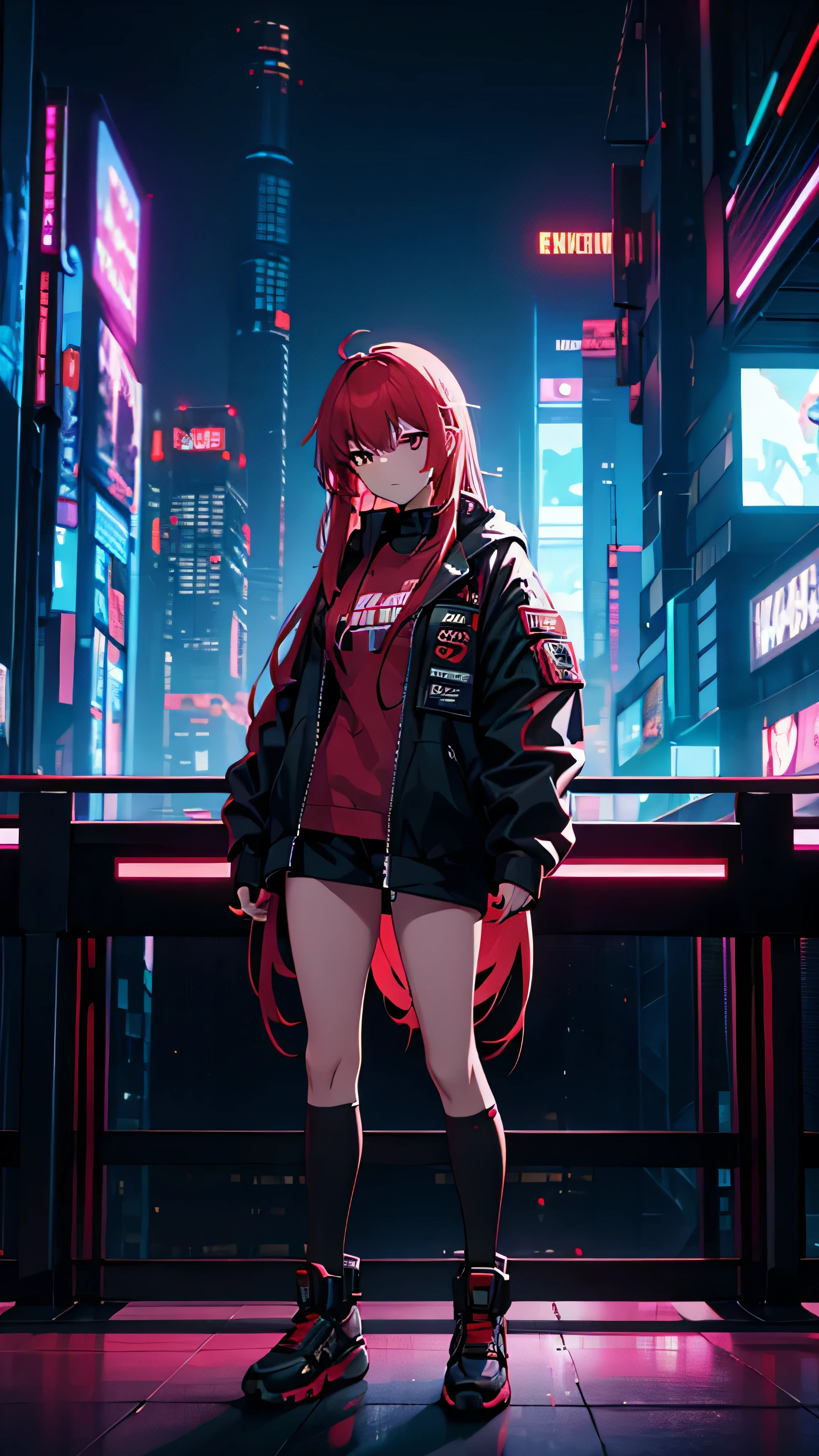  full body high definition image ， pretty girl, Worn casual jacket,  long hair,  cyberpunk night scene machine arm, cyberpunk cityscape red green background 