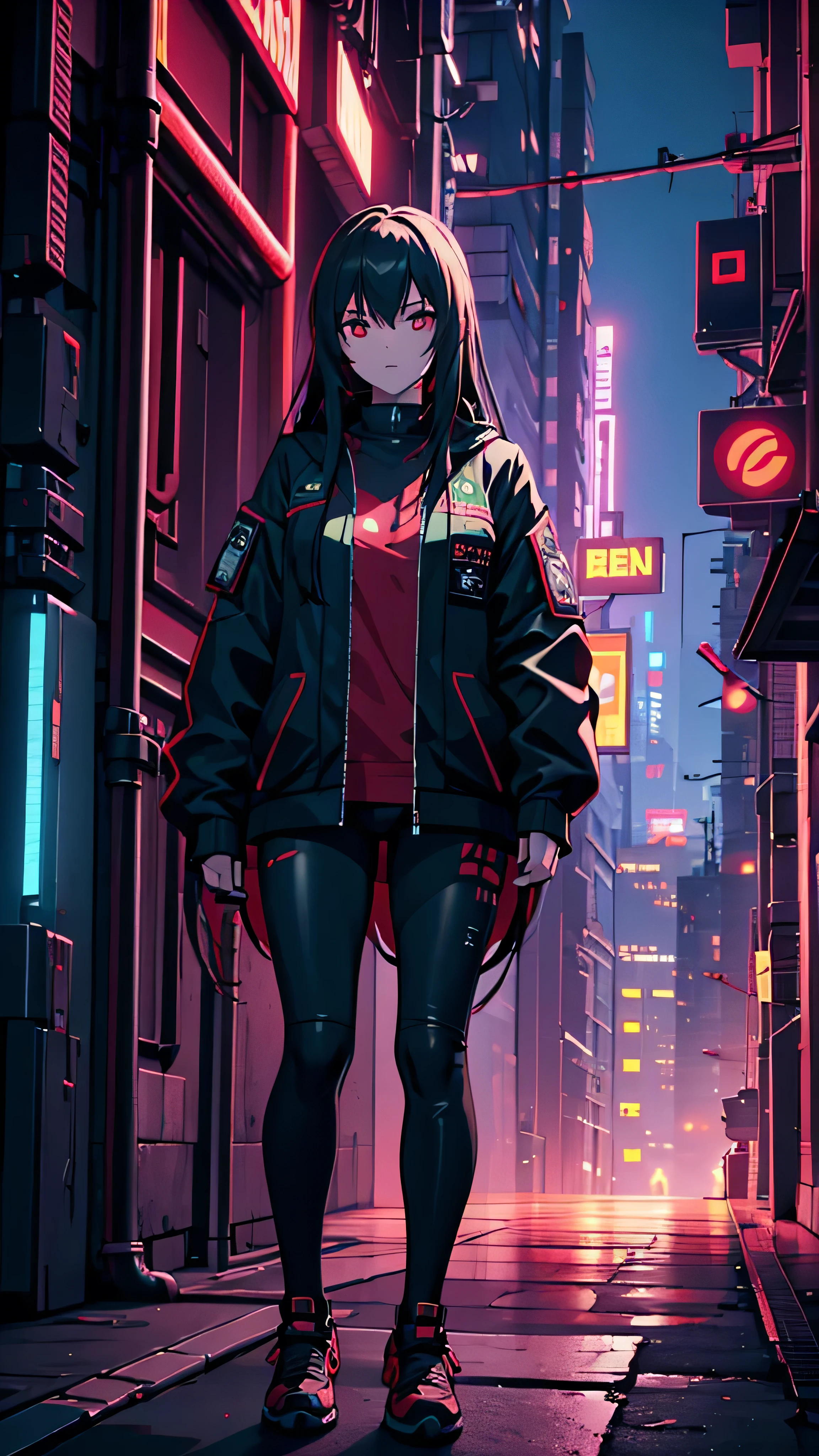  full body high definition image ， pretty girl, Worn casual jacket,  long hair,  cyberpunk night scene machine arm, cyberpunk cityscape red green background 