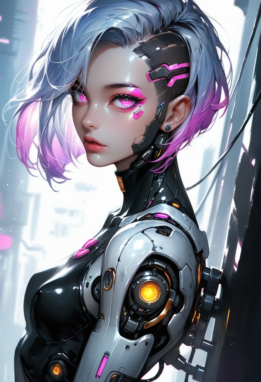 Woman 30 years (Lea Seydoux pov), short white hair, bangs, tight sexy cyberpunk clothing, cibernetic accessories, sexy black Low-cut clothes with leds, unbuttoned futuristic cyberpunk white vest, no buttons, no bra, no bra, beautiful face, medium breasts, wet and soft, face close, fiery and lascivious wanting more, front view, nice thighs, blue eyes, purple lipstick, backlight, neon, smoke Cyberpunk urban nighttime scenarium