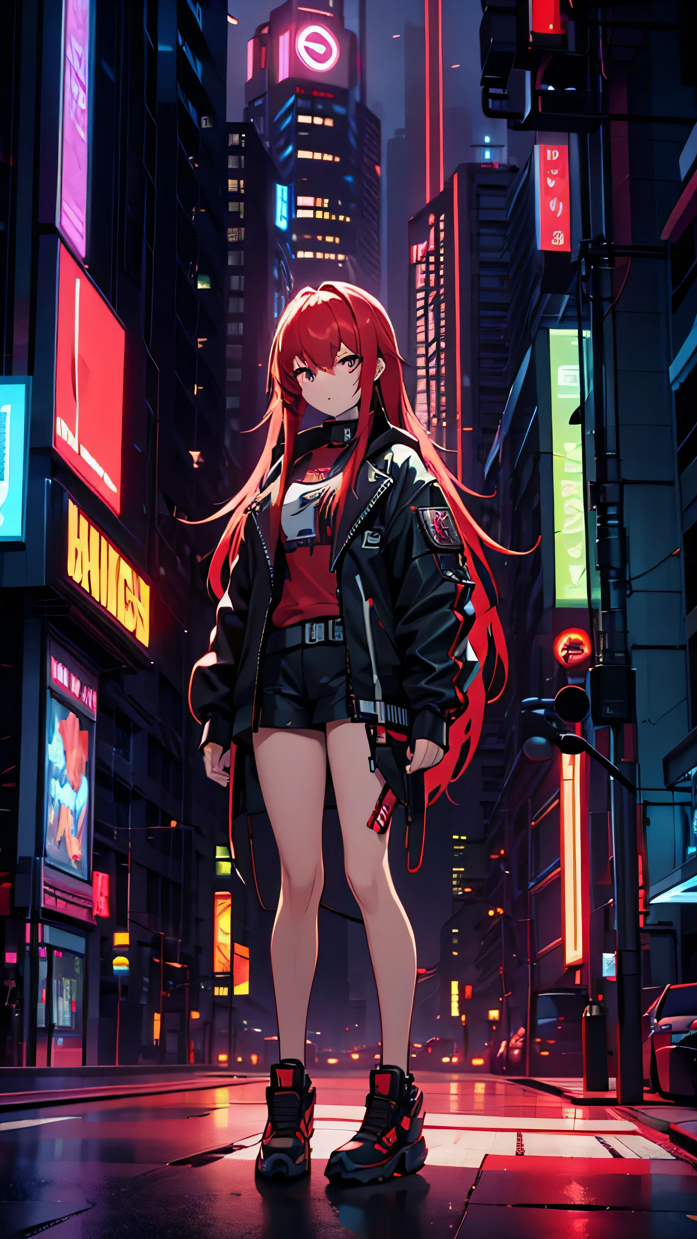  full body high definition image ， pretty girl, Worn casual jacket,  long hair,  cyberpunk night scene machine arm, cyberpunk cityscape red green background 