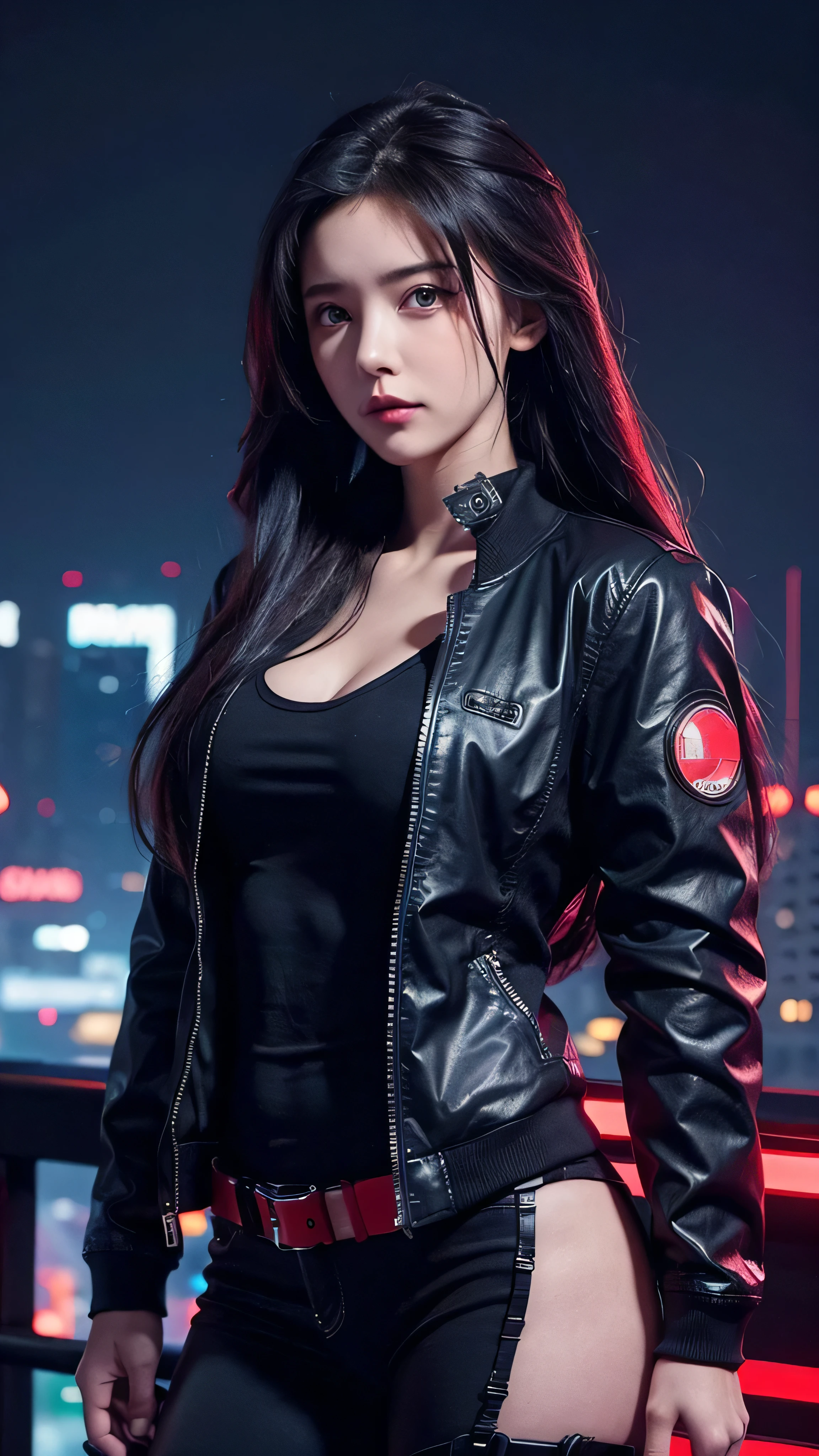  Pretty Little Breasts , Worn casual jacket,  long hair,  cyberpunk night scene machine arm, cyberpunk cityscape red green background 