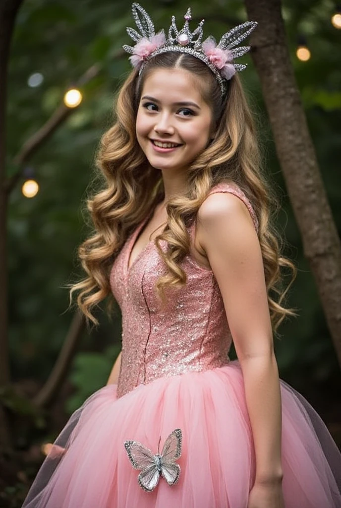 A whimsical portrait of a princess from a magical realm, wearing a shimmering pastel pink dress with butterfly-like patterns on the fabric. Her golden hair flows freely, and she wears a tiara made of delicate, glowing fairy wings. The background is a lush enchanted forest with glowing orbs of light. k1kuch1