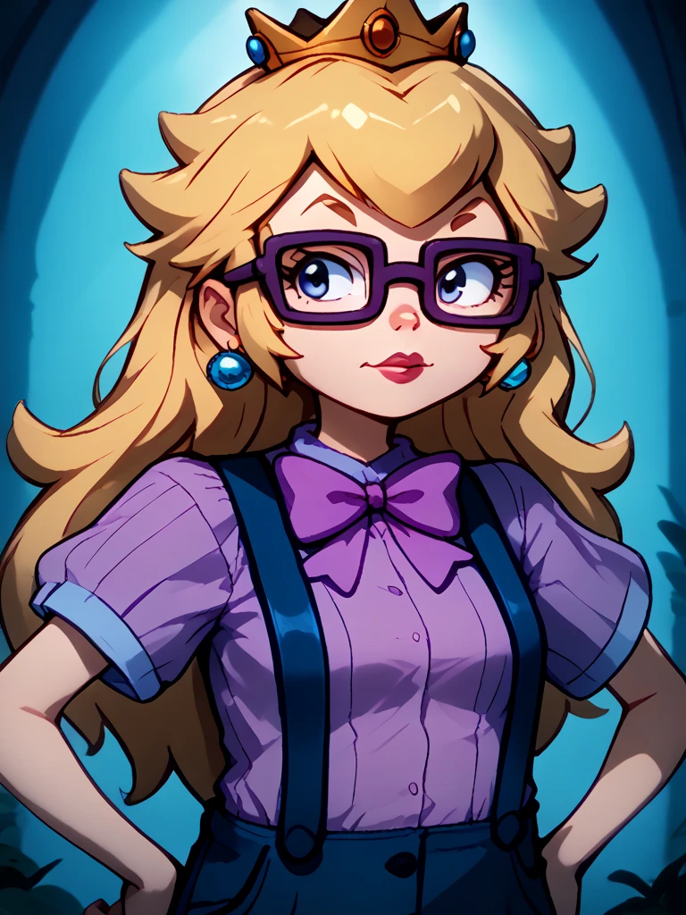  glasses, , square framed glasses, blonde hair, bow, bowtie, purple bowtie, pink striped shirt, suspenders, short sleeves, portrait, looking at viewer,  princess peach,, source_cartoon, score_9, score_8_up, score_7_up, half body, hands on hips, long hair