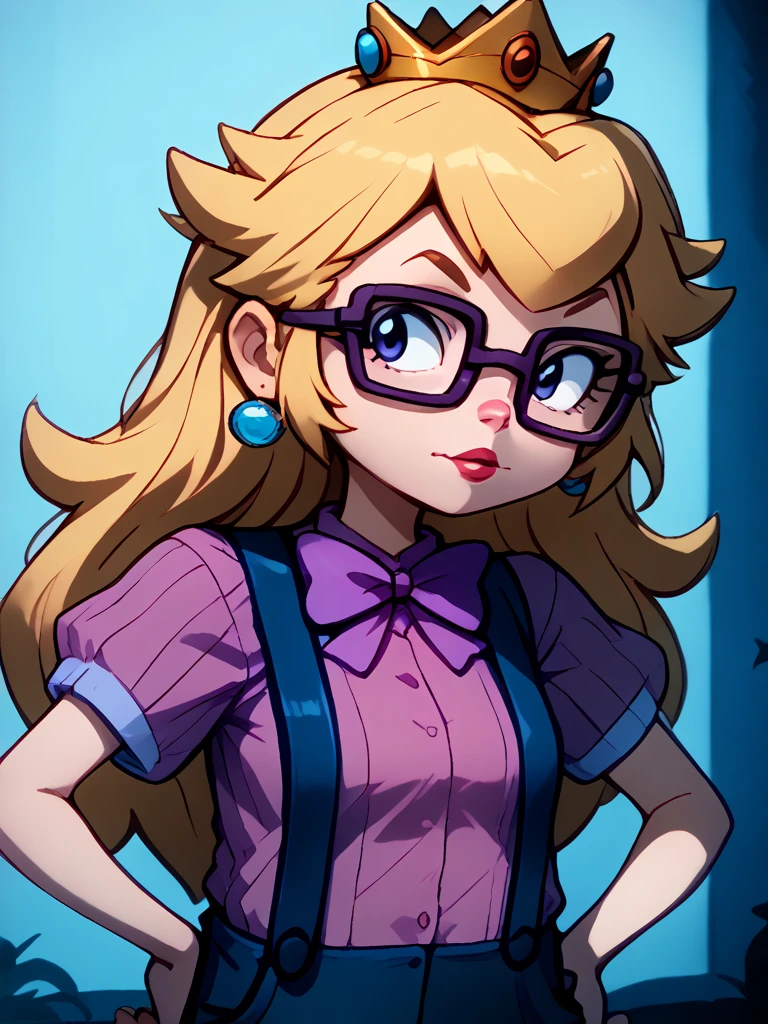  glasses, , square framed glasses, blonde hair, bow, bowtie, purple bowtie, pink striped shirt, suspenders, short sleeves, portrait, looking at viewer,  princess peach,, source_cartoon, score_9, score_8_up, score_7_up, half body, hands on hips, long hair