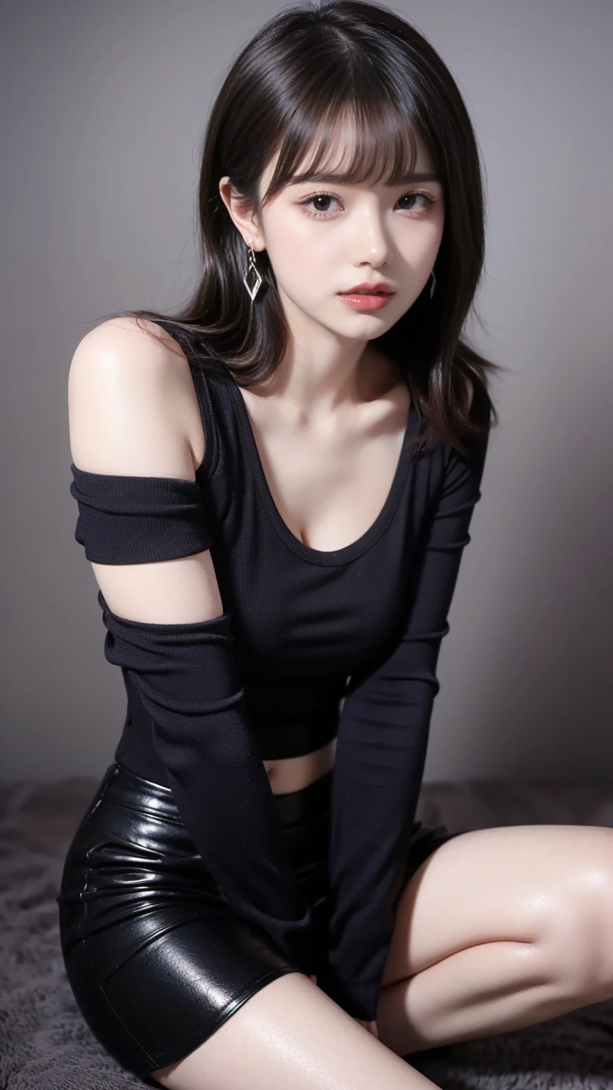 top quality、Ultra-high resolution、(Realism:1.4)、1 girl、off shoulder white shirt、black bodycon skirt、black collar、(faded gray hair:1)、bob cuts、Laziness、(Large chest:1.2)、Looking at the audience、close up、