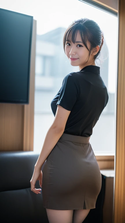 (8k,  top quality ,  RAW Photo Star Piece : 1.2),  very detailed,  top quality ,  super high resolution ,   professional writing in the school building ,  photon mapping, radiocity, Physically based rendering,  movie lighting,  written border depth , I focus, 1 Woman ,24 years old、 (  full body shot  ), ((Office Lady Uniform、ミニ skirt、 pantyhose))((suit、 skirt、 pantyhose))(( pantyhose))( watching the audience:1.3)  very slim,  medium breasts, (((  pulls clothes  , Dress Tag, wind, wind lift:1.12)))、((return)), ((  strong from the back of his ship  ))(Shrapnel), cute,  white skin、 watching the audience, A faint smile,Alone,  stunning smile , Wide opening,   professional writing in the school building , Sony A7R4, Zesse 50mm f1.8,  medium breasts, Thin, Beautiful Eyes ,  highlight your butt in a dark room at a luxury hotel 、(Kawase,Moe Kawase,av:1.3)