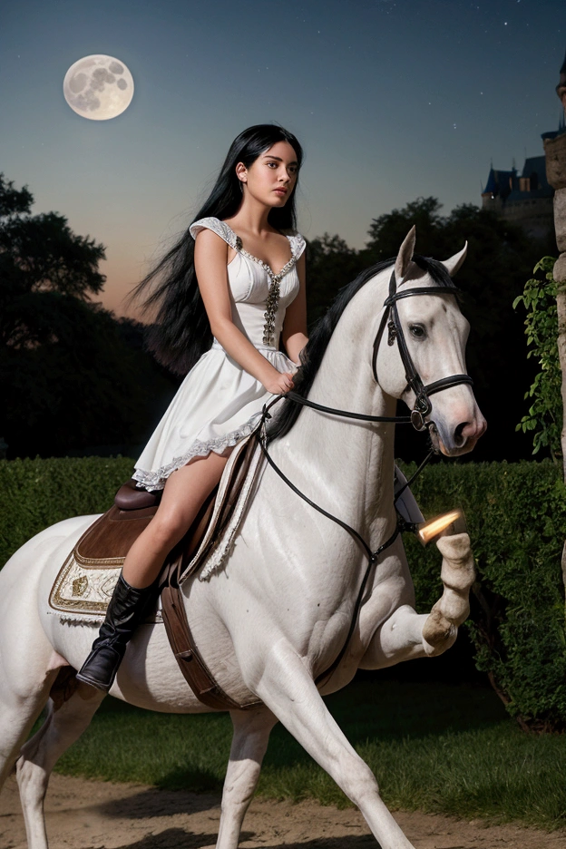 a girl with black hair, super pretty, He is riding a white horse , photographic hyperrealism, riding through the castle garden on a full moon night. Ultra realistic photographic , with all kinds of ultra-detailed details