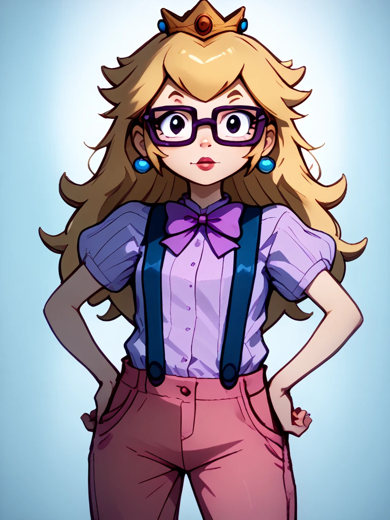  glasses, , square framed glasses, blonde hair, bow, bowtie, purple bowtie, pink striped shirt, suspenders, short sleeves, portrait, looking at viewer,  princess peach,, source_cartoon, score_9, score_8_up, score_7_up, full body, hands on hips, long hair, pink pants