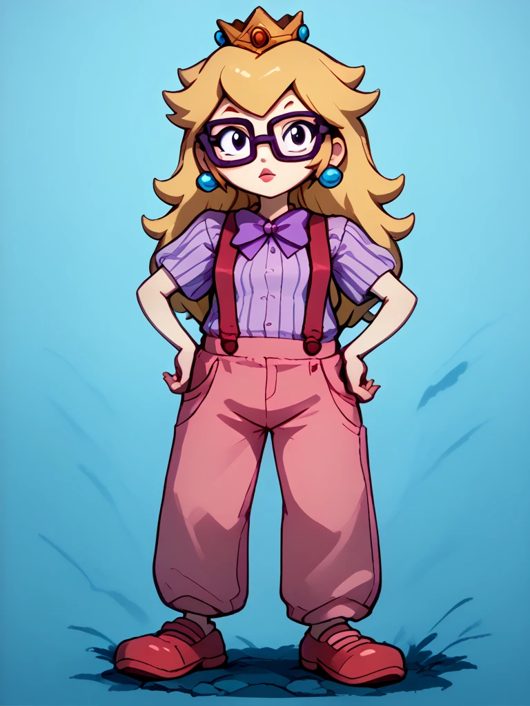  glasses, , square framed glasses, blonde hair, bow, bowtie, purple bowtie, pink striped shirt, suspenders, short sleeves, portrait, looking at viewer,  princess peach,, source_cartoon, score_9, score_8_up, score_7_up, full body, hands on hips, long hair, pink pants