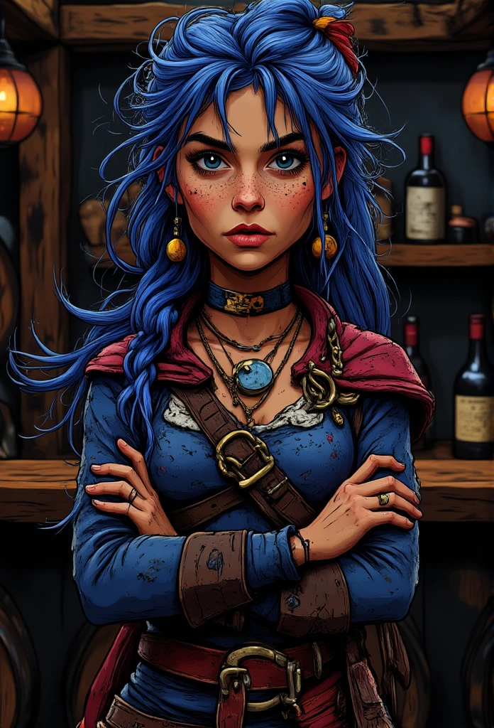 pst003,please give me a natural fotoshoot of Anne with blue floating hair dressed up as pirate on a ship, cinematic, blue hair, blue hair, blue hair, masterpice. She is in the taberna, bar.
