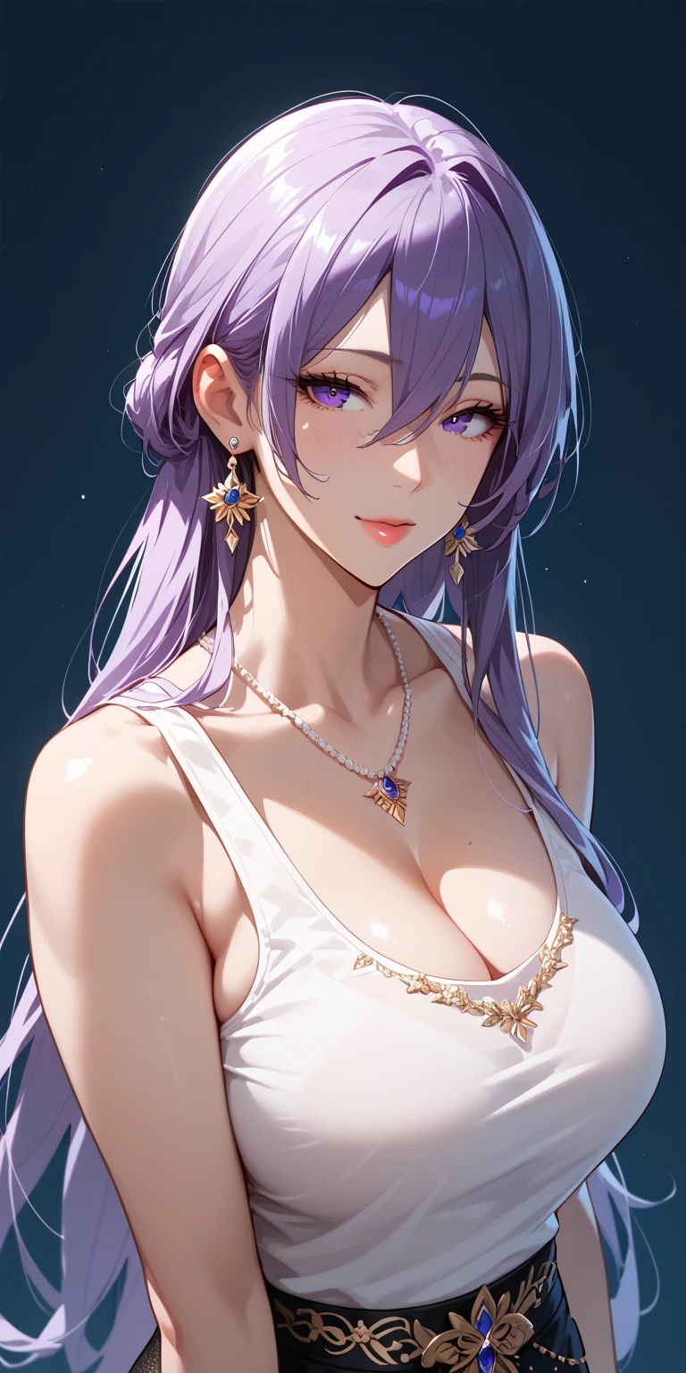 Score_9, Score_8_up, Score_7_up, Source_anime, anime art, anime style, very aesthetic, masterpiece, high quality, 1girl, elegant mature woman, milf, curvaceous, tank top, a2_\(nier:automata\),1girl,purple_hair, long hair, hair between eyes, upper body