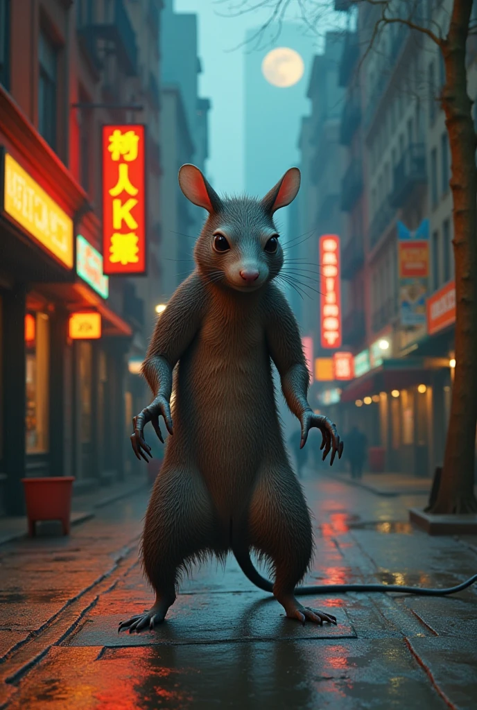 A magnificent scene showcasing a realistic giant rat monster (1.1) standing on a wet pavement in a vibrant New York street at night, illuminated by neon lights. The rat's fur and claws are rendered with maximum texture detail, capturing a mix of realism and monstrous fantasy. Reflections from neon signage ripple across the wet pavement, adding depth and atmosphere.
In the background, towering buildings with intricate architectural details stretch into the night sky, with warm interior lights glowing from the windows. The image is captured through a professional 50mm lens, emphasizing sharp focus on the subject while maintaining a soft cinematic bokeh for the background. The lighting blends natural moonlight with the urban glow of the city, creating a harmonious interplay of shadows and highlights. The overall composition is photorealistic, with textures so detailed that every crack in the pavement and strand of fur feels tangible, set in a panoramic, high-definition 8K resolution.