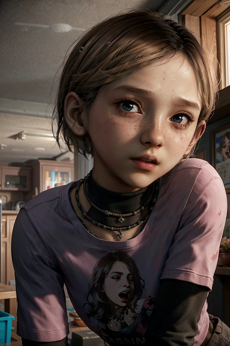 (realistic photo:1.2) of 12 years old Sarah Miller looking television sitting on sofa, short hairs, blonde, focus on the face, beautiful detailed blue eyes, happy, wearing pajamas, necklaces, long sleeved shirt, double sleeves,looking over, from side,
skin details, freckles,