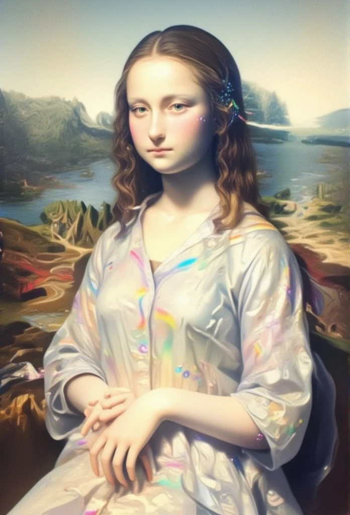 An anime-style classic portrait inspired by the Mona Lisa, featuring a serene figure with soft, flowing hair and large, expressive eyes. The character wears an elegant kimono with subtle floral patterns, capturing both grace and mystery. Their expression is calm, with a faint, knowing smile, similar to the Mona Lisa's iconic expression. The background features a tranquil landscape, with rolling hills and a soft sky, evoking a timeless, peaceful atmosphere. The overall aesthetic combines the charm of classic anime with the classic elegance of Renaissance portraiture.