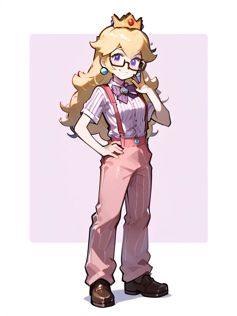 square framed glasses, bow, bowtie, purple bowtie, striped pink shirt, suspenders, shirt, short sleeves, looking at viewer,  princess peach,, source_cartoon, score_9, score_8_up, score_7_up, blonde hair, long hair, full body, hand on hip, smile, pink pants