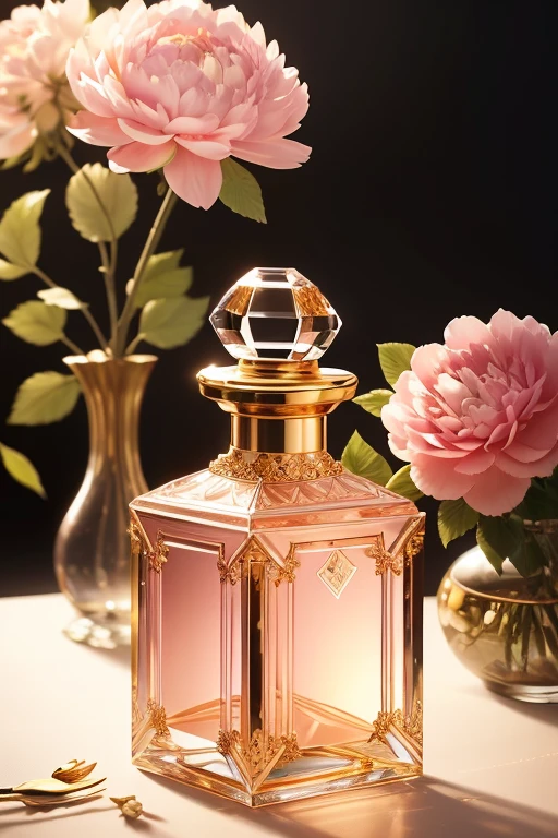 Bottle Design   、 Persian style luxury square Dresden crystal perfume bottle、　 Decorated with beautiful peonies and plants、 pink background floating on dahlias  　 Golden lighting 、  super detailed photo     、   Photographed by a Professional Photographer   、Excellent lighting、  masterpiece