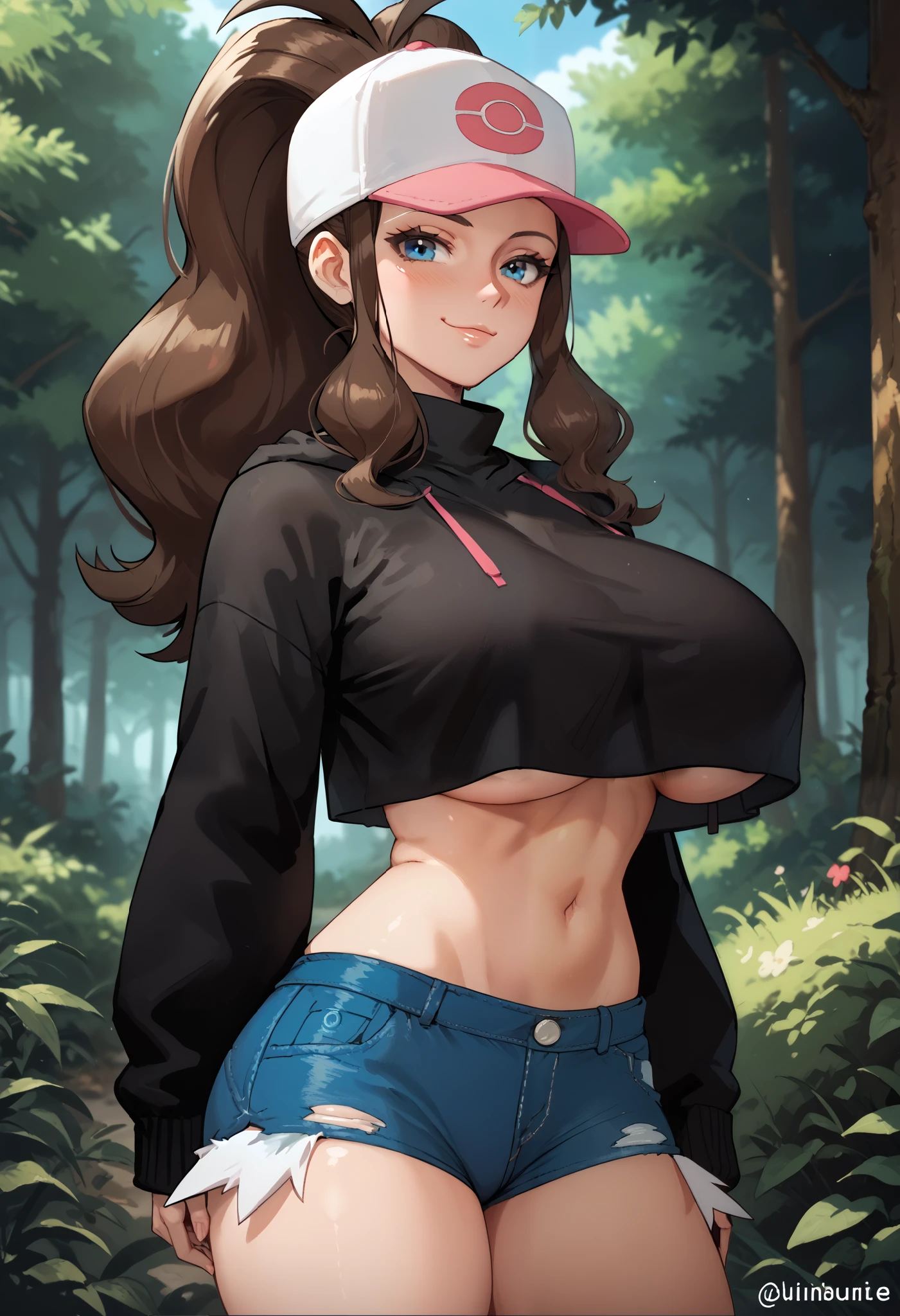 mature woman, small waist, smug, pokemonhilda, blue eyes, brown hair, long hair, ponytail, baseball cap, blue shorts, denim, hat, micro shorts, black hoodie, ovwrsized hoodie, cropped hoodie, turtleneck, oversized long sleeves, outdoors, forest, standing, midriff, skindentation, huge breasts, top overhang