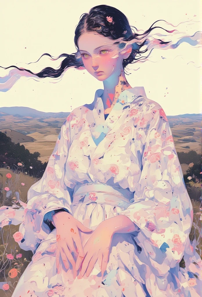 An anime-style classic portrait inspired by the Mona Lisa, featuring a serene figure with soft, flowing hair and large, expressive eyes. The character wears an elegant kimono with subtle floral patterns, capturing both grace and mystery. Their expression is calm, with a faint, knowing smile, similar to the Mona Lisa's iconic expression. The background features a tranquil landscape, with rolling hills and a soft sky, evoking a timeless, peaceful atmosphere. The overall aesthetic combines the charm of classic anime with the classic elegance of Renaissance portraiture.