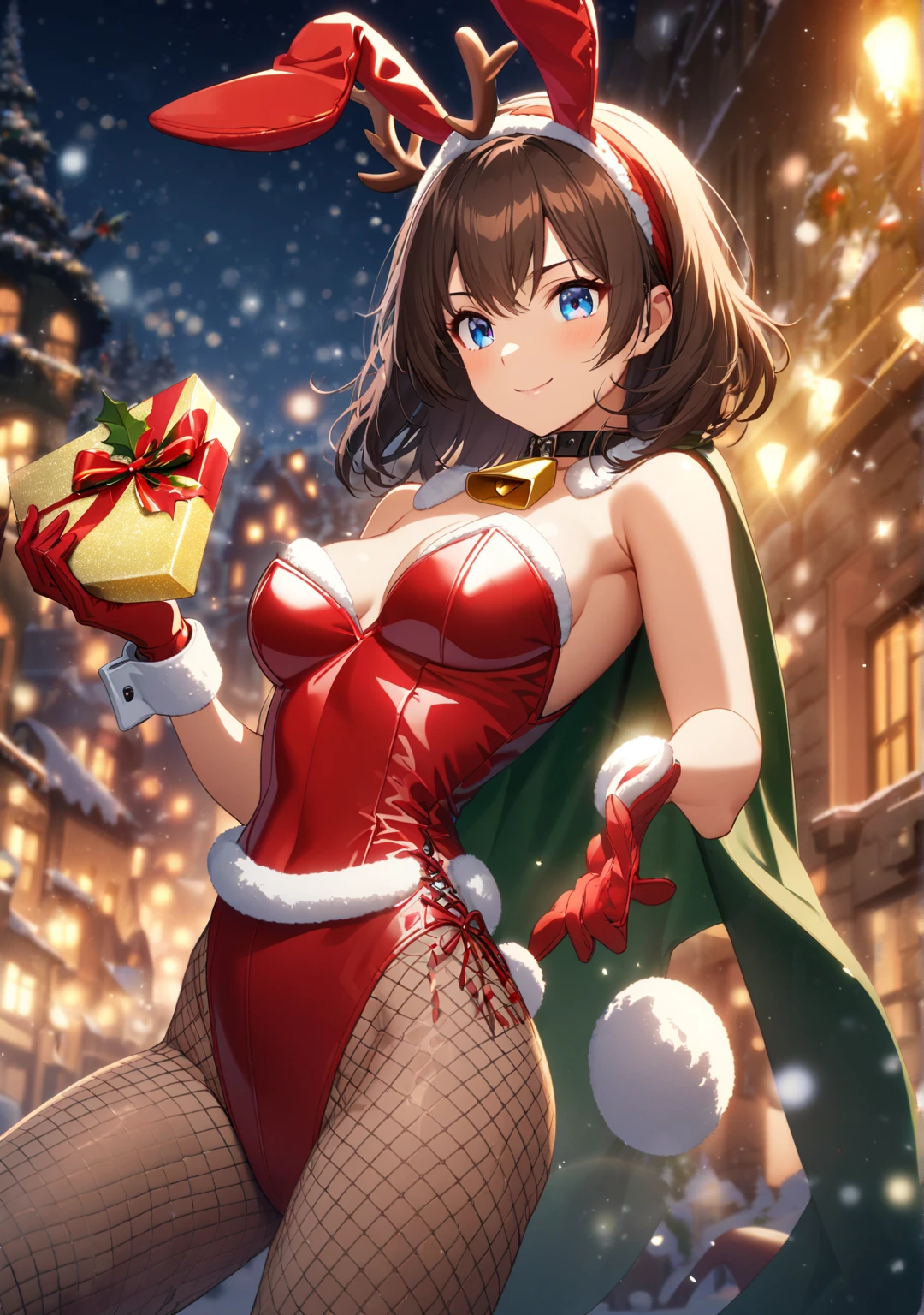top-quality、Full limbs、complete fingers、Slender beauty、straight haired、Red hair、Beautiful Large Breasts、(Detailed ultra-oily shiny skin:1.1)、oily shiny thighhigh、(Perfect bright red Santa Claus leotard:1.3)、((White High Socks))、Wearing a Santa Claus hat、((Wearing a Santa Manto))、Beautiful、A smile、Winter cityscape、shopping street、It's snowing、white Christmas、Christmas cakes are sold in stores