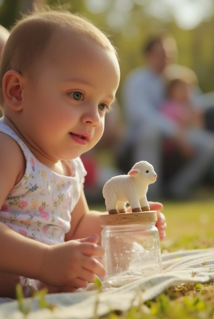 A charming baby with bright eyes and soft, delicate features gazes curiously at a miniature lamb figurine perched on a small glass jar. The lamb has fluffy, realistic fur, with a playful expression, its mouth slightly open as if bleating. The scene is illuminated by warm, natural sunlight, creating a soft glow and delicate shadows. The background features a blurred outdoor setting, with hints of greenery and golden light filtering through, evoking a serene and cheerful atmosphere. Captured using a professional 50mm lens, the details are sharp and photorealistic, with a gentle bokeh effect emphasizing the focus on the baby and lamb while adding depth to the image. The textures of the lamb's fur, the baby's soft skin, and the glass jar are rendered with maximum detail, creating a vibrant and lifelike composition